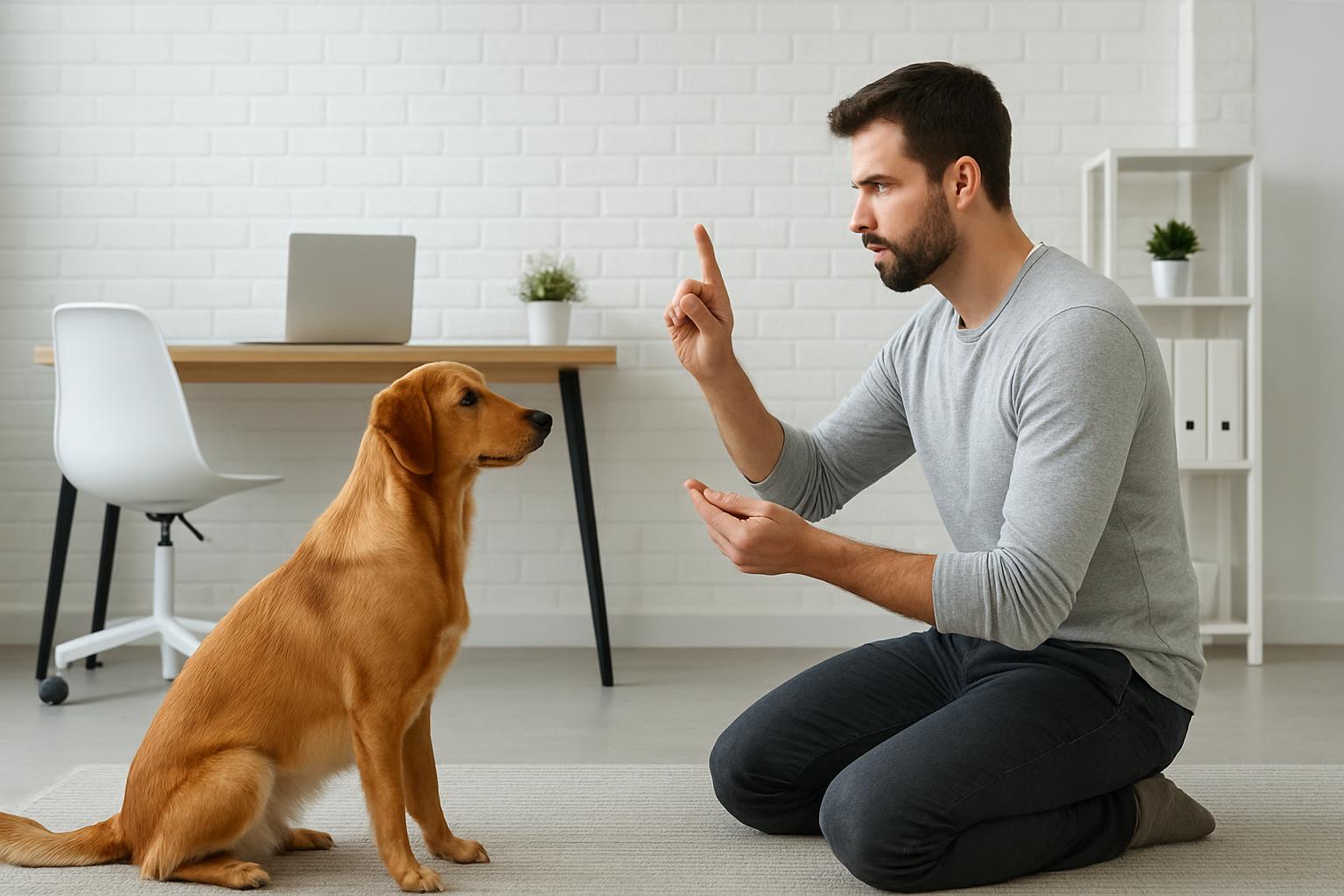 Dog trainer playing with golden retriever indoors